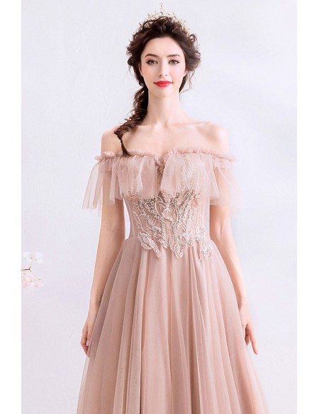 Romantic Nude Pink Off Shoulder Prom Dress Long Tulle With Beading