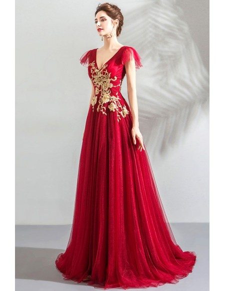 Burgundy With Gold Flowy Tulle Prom Dress Formal Vneck With Gold Embroidery