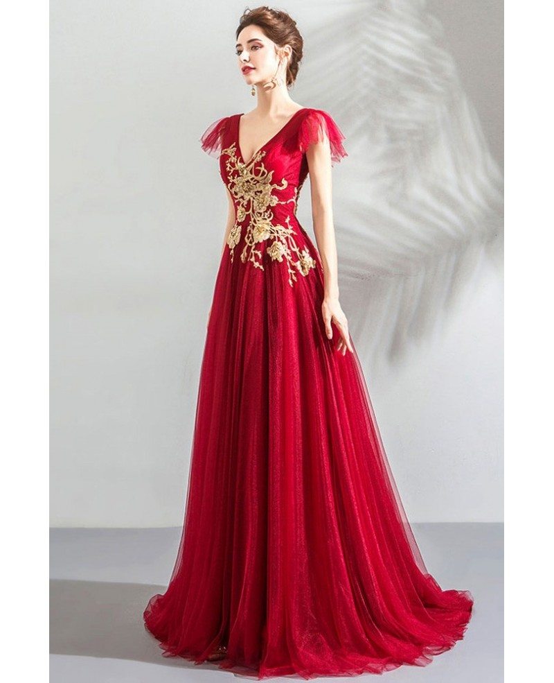Burgundy With Gold Flowy Tulle Prom Dress Formal Vneck With Gold ...