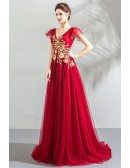 Burgundy With Gold Flowy Tulle Prom Dress Formal Vneck With Gold Embroidery