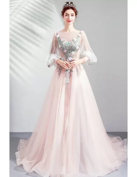 Dreamy Bubble Long Sleeve Flowy Prom Dress With Flowers Train