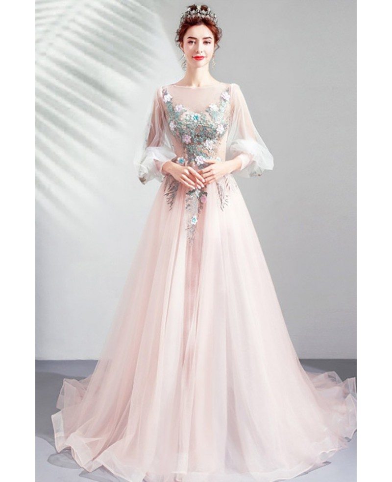 Dreamy Bubble Long Sleeve Flowy Prom Dress With Flowers Train Wholesale