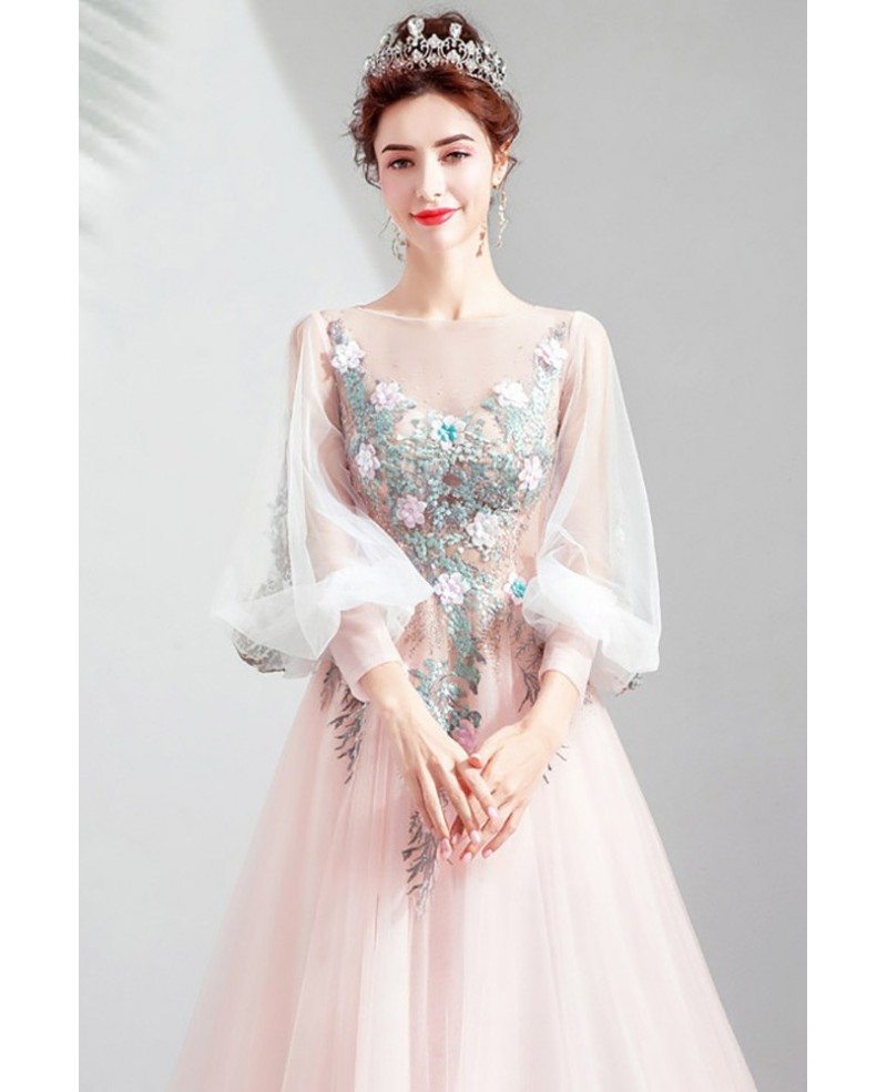 Dreamy Bubble Long Sleeve Flowy Prom Dress With Flowers Train Wholesale ...