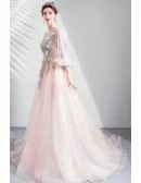 Dreamy Bubble Long Sleeve Flowy Prom Dress With Flowers Train