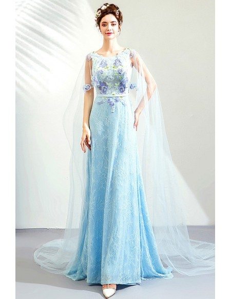 Fairy Blue Long Tulle Lace Prom Dress With Shawl Flowers