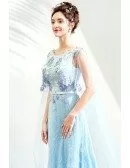 Fairy Blue Long Tulle Lace Prom Dress With Shawl Flowers