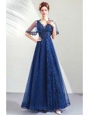 Elegant Royal Blue Lace Beaded Prom Dress With Tulle Short Sleeves