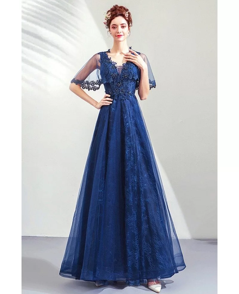 Elegant Royal Blue Lace Beaded Prom Dress With Tulle Short Sleeves ...