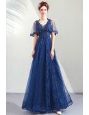 Elegant Royal Blue Lace Beaded Prom Dress With Tulle Short Sleeves