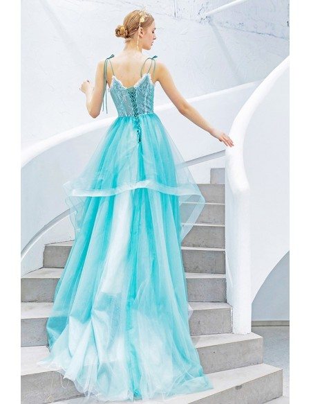 Beautiful Blue Ruffles Vneck Long Prom Dress With Spaghetti Straps