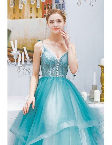Beautiful Blue Ruffles Vneck Long Prom Dress With Spaghetti Straps