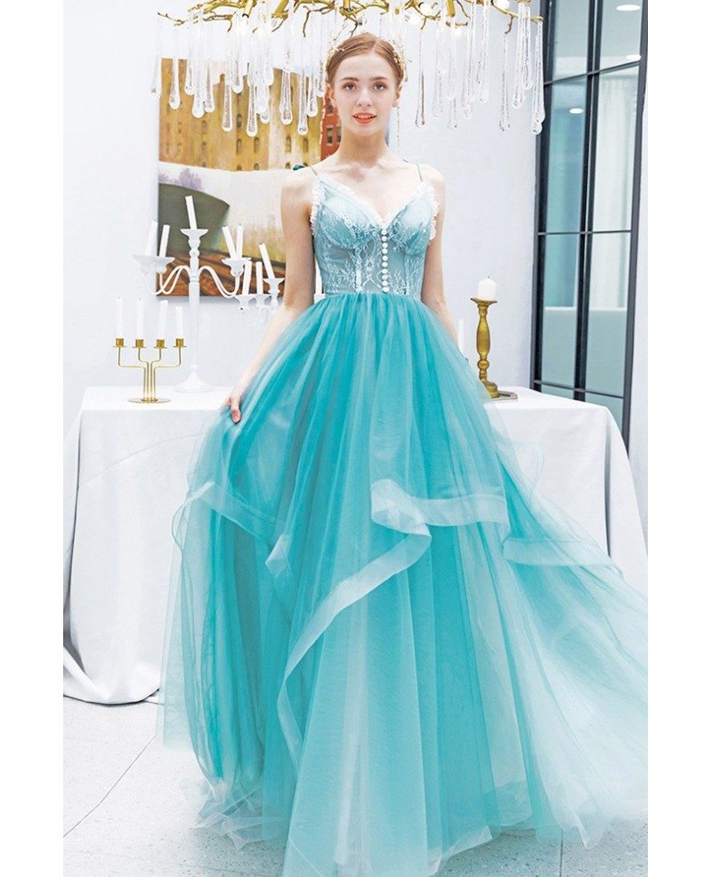 Beautiful Blue Ruffles Vneck Long Prom Dress With Spaghetti Straps ...