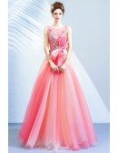 Romantic Pink Organza Long Party Dress With Flowers Big Bow Front