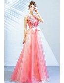 Romantic Pink Organza Long Party Dress With Flowers Big Bow Front