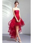 Burgundy Red Tulle Cute Prom Party Dress High Low With Lace Strapless