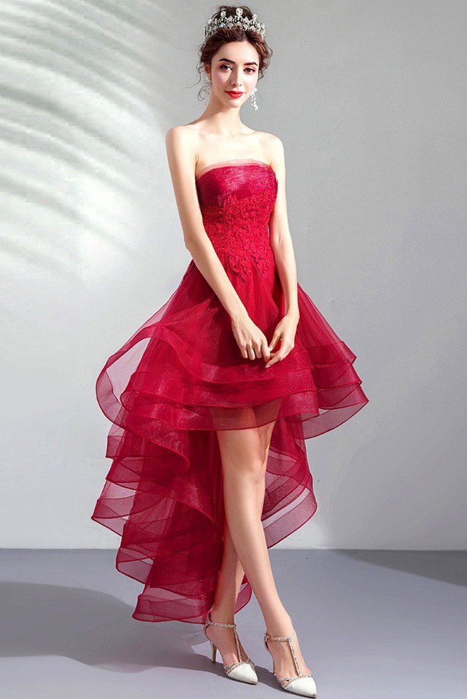 red short front long back prom dress Burgundy V Neck Tulle Lace Short Prom Dress, Bridesmaid Dress US 6 / Burgundy