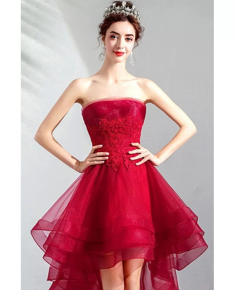 Burgundy Red Tulle Cute Prom Party Dress High Low With Lace Strapless Wholesale T79016