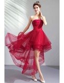 Burgundy Red Tulle Cute Prom Party Dress High Low With Lace Strapless