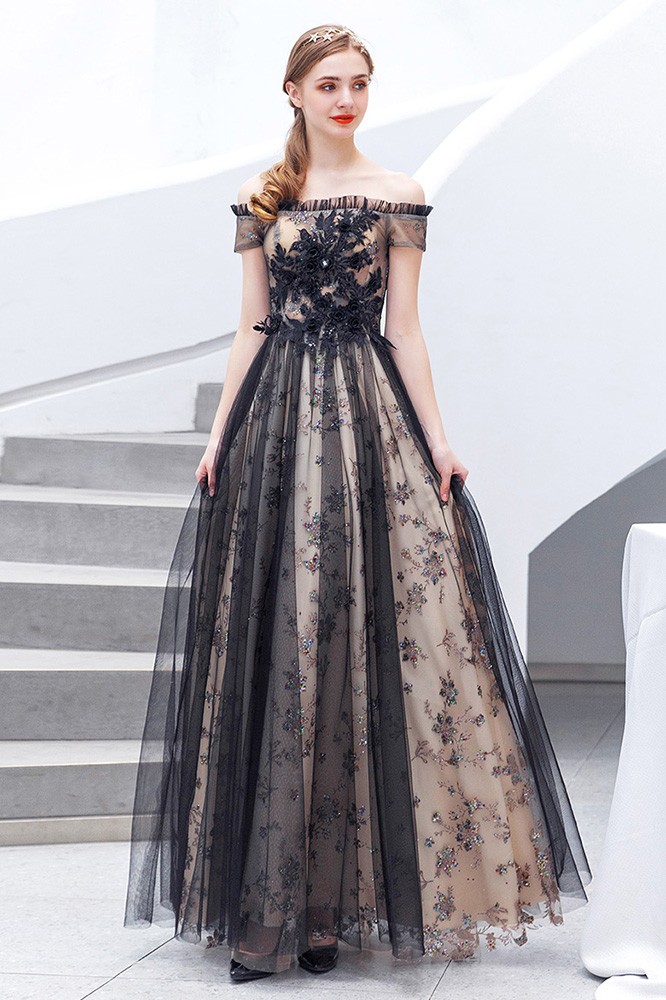 Black Tulle With Bling Embroidery Long Prom Dress With Off Shoulder ...