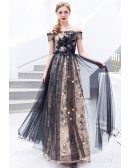 Black Tulle With Bling Embroidery Long Prom Dress With Off Shoulder