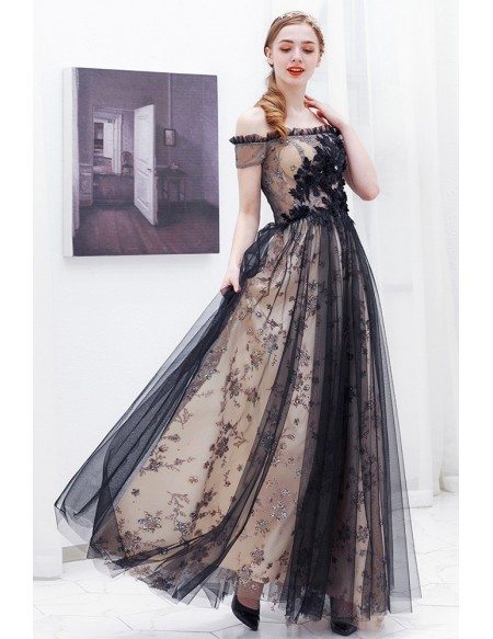 Black Tulle With Bling Embroidery Long Prom Dress With Off Shoulder