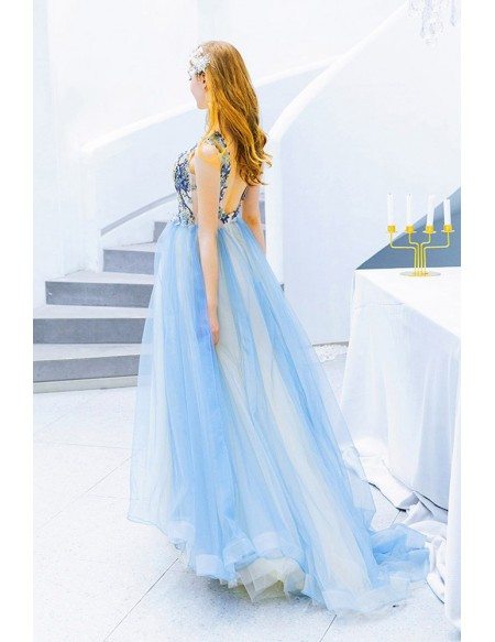 Cute Blue Tulle Vneck Long Prom Dress Sleeveless With Petals