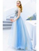Cute Blue Tulle Vneck Long Prom Dress Sleeveless With Petals