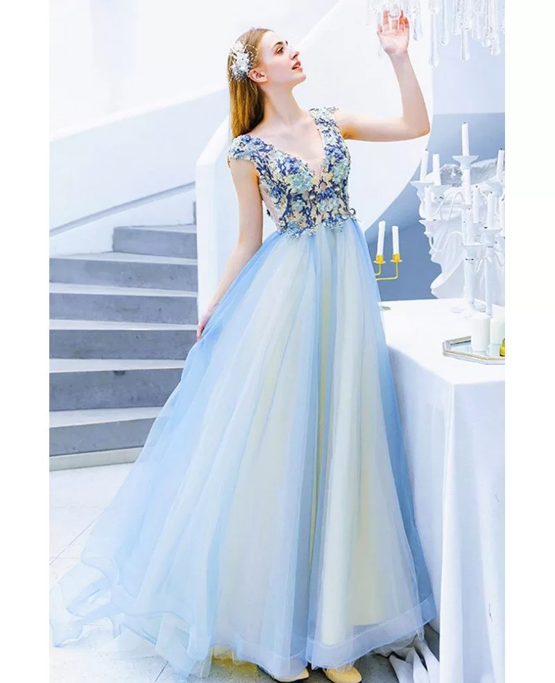 Cute Blue Tulle Vneck Long Prom Dress Sleeveless With Petals Wholesale ...
