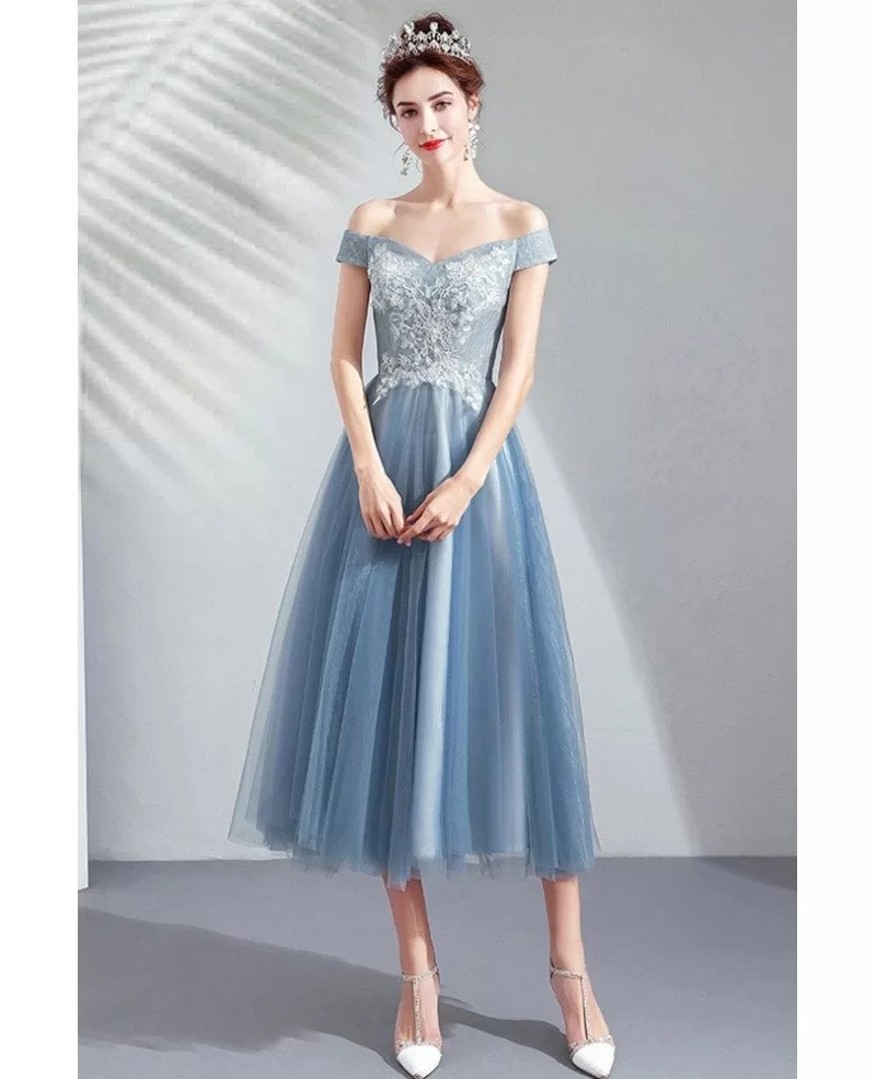 Dusty Blue Tulle Tea Length Party Dress Off Shoulder With Lace Wholesale T79018