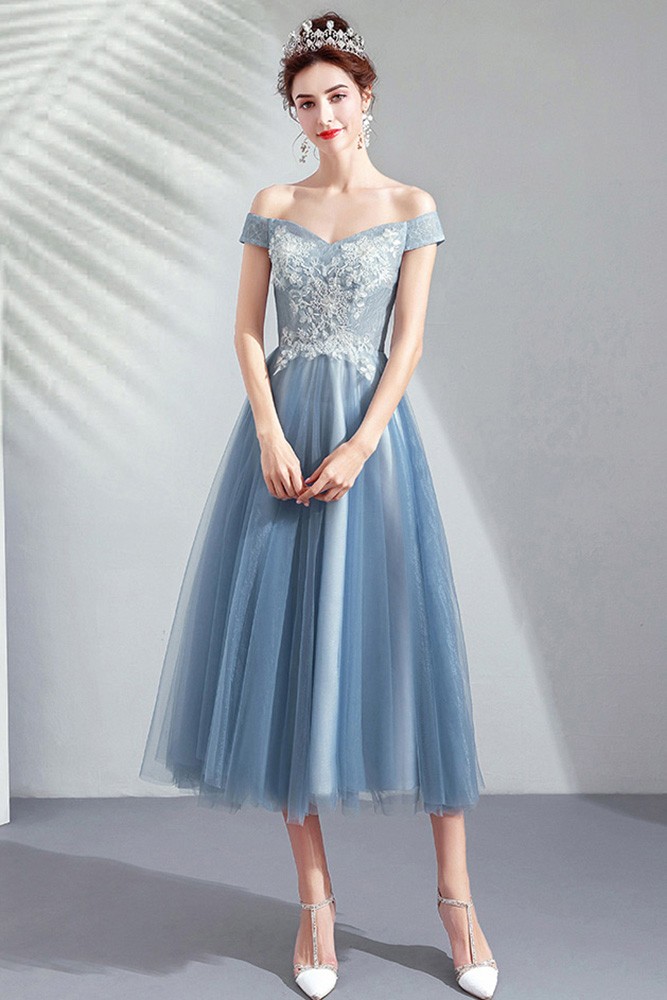 Dusty Blue Tulle Tea Length Party Dress Off Shoulder With Lace ...