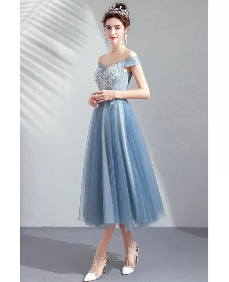 Dusty Blue Tulle Tea Length Party Dress Off Shoulder With Lace Wholesale T79018