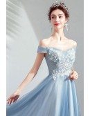 Dusty Blue Tulle Tea Length Party Dress Off Shoulder With Lace