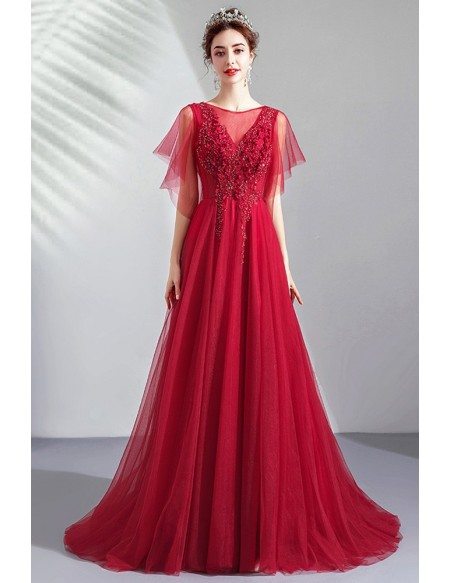 Flowy Long Tulle Burgundy Prom Dress Aline With Beading Puffy Sleeves ...