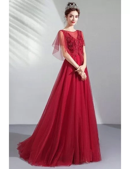 Flowy Long Tulle Burgundy Prom Dress Aline With Beading Puffy Sleeves