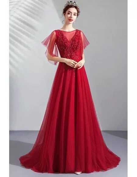 Flowy Long Tulle Burgundy Prom Dress Aline With Beading Puffy Sleeves