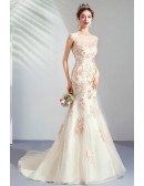 Fitted Mermaid Champagne Tulle Wedding Party Dress With Train