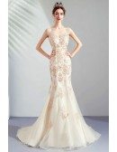 Fitted Mermaid Champagne Tulle Wedding Party Dress With Train