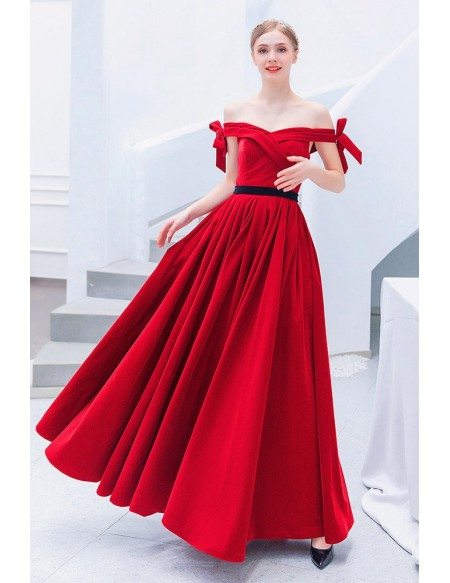 Red Off Shoulder Long Prom Dress Aline With Ruffles