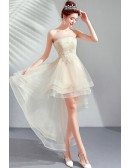 Strapless Light Champagne High Low Cute Prom Party Dress Tulle With Lace