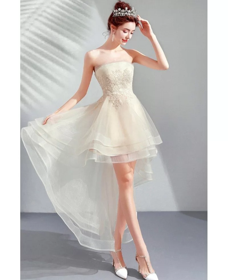 Strapless Light Champagne High Low Cute Prom Party Dress Tulle With ...