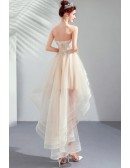 Strapless Light Champagne High Low Cute Prom Party Dress Tulle With Lace