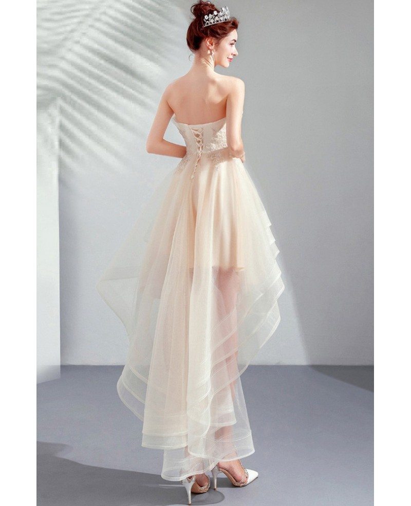 Strapless Light Champagne High Low Cute Prom Party Dress Tulle With ...