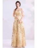 Sparkly Bling Gold Long Party Dress With Sheer Neck Puffy Sleeves