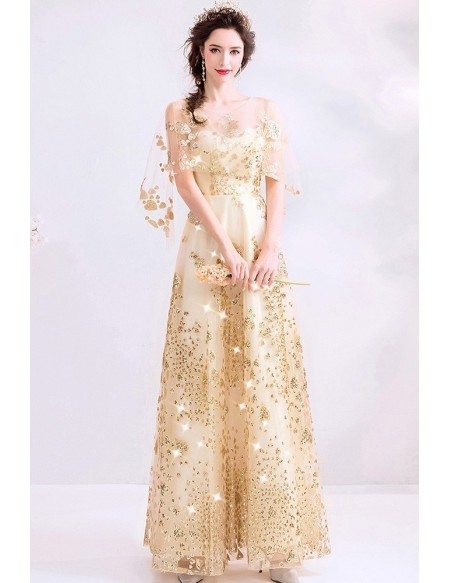 Sparkly Bling Gold Long Party Dress With Sheer Neck Puffy Sleeves