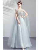 Flowy Grey Aline Long Prom Dress With Beading Cape Sleeves