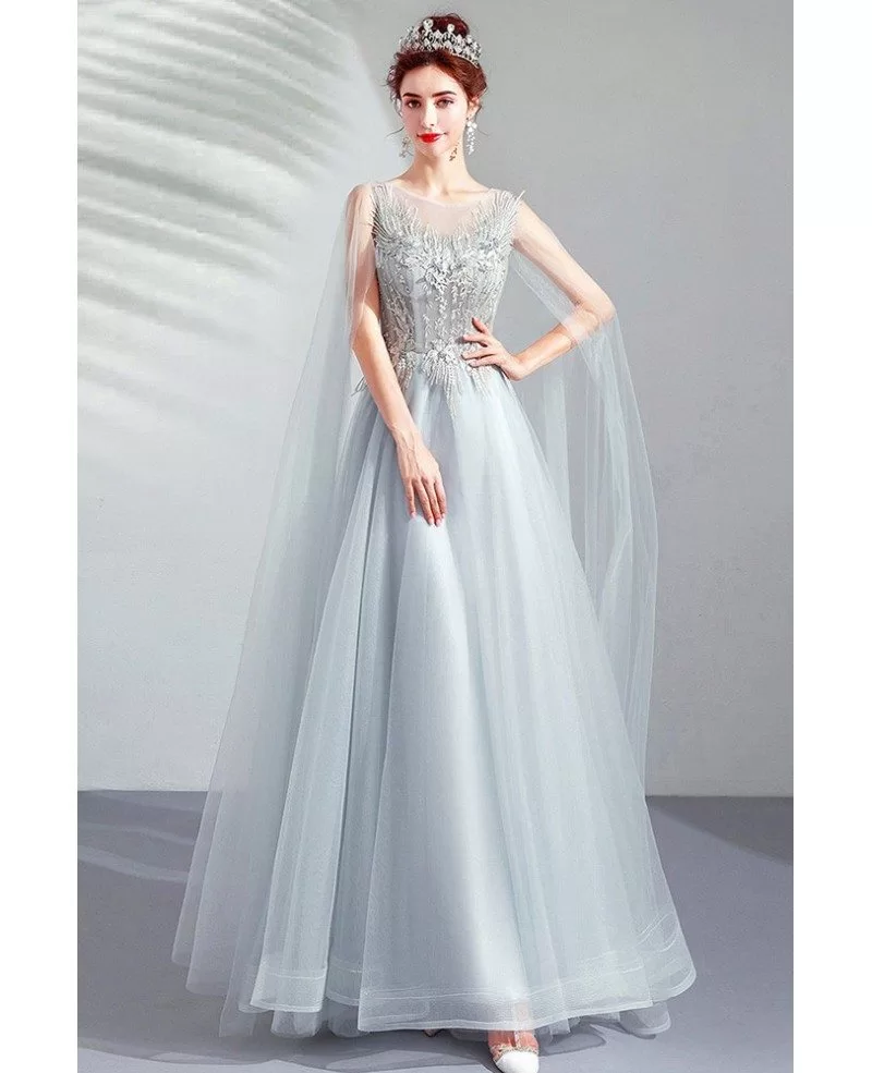 Flowy Grey Aline Long Prom Dress With 
