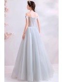 Elegant Grey Tulle Off Shoulder Prom Dress With Beaded Embroidery