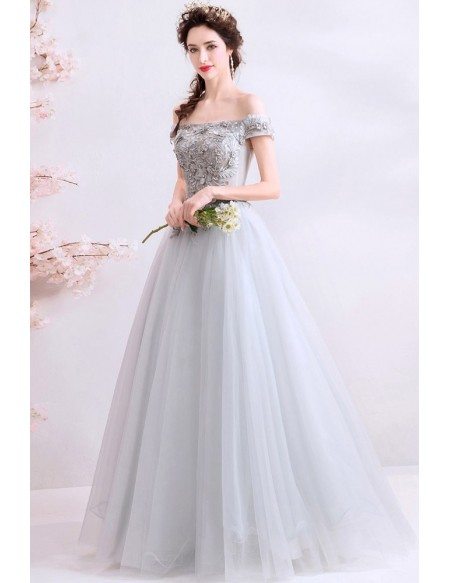 Elegant Grey Tulle Off Shoulder Prom Dress With Beaded Embroidery