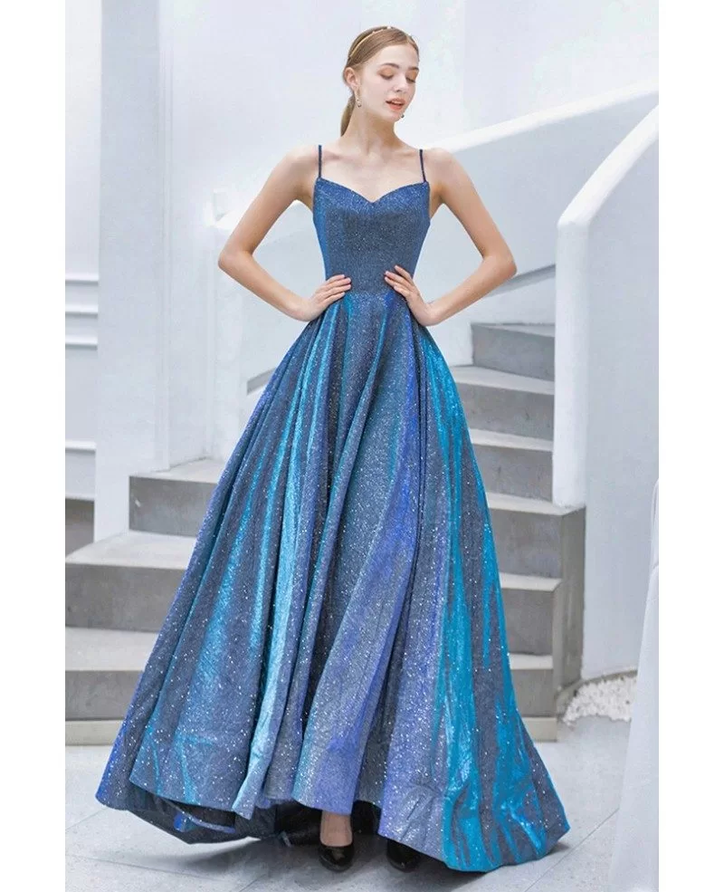 Fantasy Bling Blue Sparkly Prom Dress With Spaghetti Straps Train ...