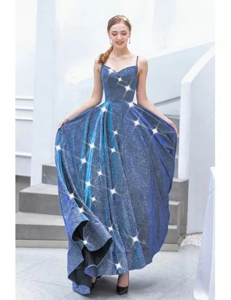 Fantasy Bling Blue Sparkly Prom Dress With Spaghetti Straps Train